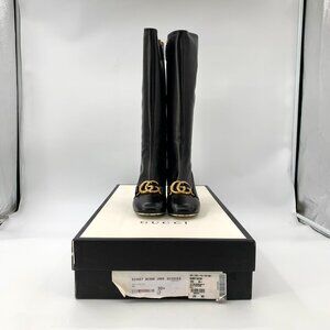 Gucci Black Leather Double G Gold Buckle Thick Heel Knee-High Boots Size 39.5 Wi
